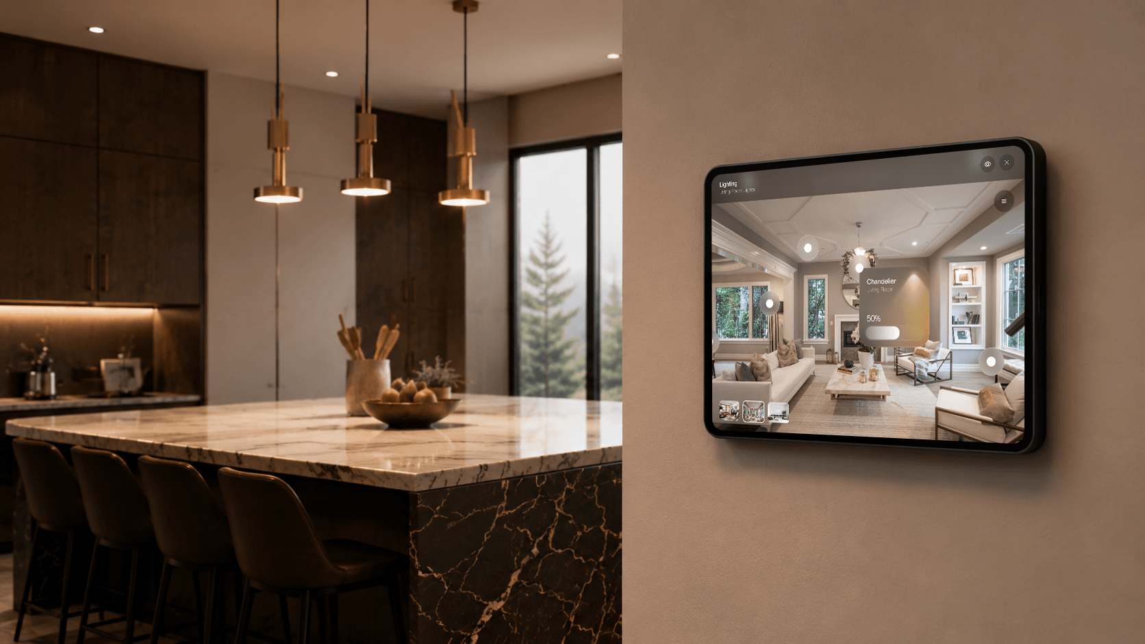 Custom Crestron iOS lighting screen on a touch panel beside the James Residence kitchen